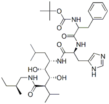 CAS 登录号：107600-10-2， N-[(2S)-1-[[(2S)-1-[[(4S,5R,6R,7R)-5,6-二羟基-2,8-二甲基-7-[[(2S)-2-甲基丁基]氨基甲酰]壬烷-4-基]氨基]-3-(3H-咪唑-4-基)-1-氧代丙烷-2-基]氨基]-1-氧代-3-苯基丙烷-2-基]氨基甲酸叔-丁基酯