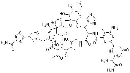 structure of CAS# 11006-33-0, Phleomycin;6-Amino-2-[3-Amino-1-[(2,3-Diamino-3-Oxo-Propyl)Amino]-3-Oxo-Propyl]-N-[1-[[4-[[1-[2-[4-(4-Carbamoylthiazol-2-Yl)-4,5-Dihydrothiazol-2-Yl]Ethylcarbamoyl]-2-Oxo-Propyl]Amino]-2-Hydroxy-1,3-Dimethyl-4-Oxo-Butyl]Carbamoyl]-2-[(2R,3S,4S,5S,6S)-3-[(2S,3R,4R,5S)-4-Carbamoyl-3,4,5-Trihydroxy-6-(Hydroxymethyl)Tetrahydropyran-2-Yl]Oxy-4,5-Dihydroxy-6-(Hydroxymethyl)-3-Methyl-Tetrahydropyran-2-Yl]Oxy-2-(3H-Imidazol-4-Yl)Ethyl]-5-Methyl-Pyrimidine-4-Carboxamide;6-Amino-2-[3-Amino-1-[(2,3-Diamino-3-Oxopropyl)Amino]-3-Oxopropyl]-N-[1-[[[4-[[1-[[2-[4-(4-Carbamoyl-2-Thiazolyl)-4,5-Dihydrothiazol-2-Yl]Ethylamino]-Oxomethyl]-2-Oxopropyl]Amino]-2-Hydroxy-1,3-Dimethyl-4-Oxobutyl]Amino]-Oxomethyl]-2-[[(2R,3S,4S,5S,6S)-3-[[(2S,3R,4R,5S)-4-Carbamoyl-3,4,5-Trihydroxy-6-(Hydroxymethyl)-2-Tetrahydropyranyl]Oxy]-4,5-Dihydroxy-6-(Hydroxymethyl)-3-Methyl-2-Tetrahydropyranyl]Oxy]-2-(3H-Imidazol-4-Yl)Ethyl]-5-Methyl-4-Pyrimidinecarboxamide;6-Amino-2-[3-Amino-1-[(2,3-Diamino-3-Keto-Propyl)Amino]-3-Keto-Propyl]-N-[1-[[4-[[1-[2-[4-(4-Carbamoylthiazol-2-Yl)-4,5-Dihydrothiazol-2-Yl]Ethylcarbamoyl]-2-Keto-Propyl]Amino]-2-Hydroxy-4-Keto-1,3-Dimethyl-Butyl]Carbamoyl]-2-[(2R,3S,4S,5S,6S)-3-[(2S,3R,4R,5S)-4-Carbamoyl-3,4,5-Trihydroxy-6-Methylol-Tetrahydropyran-2-Yl]Oxy-4,5-Dihydroxy-3-Methyl-6-Methylol-Tetrahydropyran-2-Yl]Oxy-2-(3H-Imidazol-4-Yl)Ethyl]-5-Methyl-Pyrimidine-4-Carboxamide