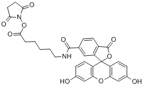 structure of CAS# 114616-31-8, N-[6-[(2,5-Dioxo-1-Pyrrolidinyl)Oxy]-6-Oxohexyl]-3',6'-Dihydroxy-3-Oxo-Spiro[Isobenzofuran-1(3H),9'-[9H]Xanthene]-alphaR-Carboxamide;6-[FLUORESCEIN-5(6)-CARBOXAMIDO]HEXANOIC ACID N-HYDROXYSUCCINIMIDE ESTER;6-[Fluorescein-5(6)-Carboxamido] Hexanoic Acid N-Succinimidyl Ester;FLUORESCEIN-5(6)-CARBOXAMIDOCAPROIC ACID N-SUCCINIMIDYL ESTER