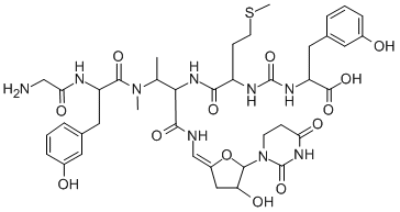 CAS 登录号：114797-07-8， 2-[[[(6S)-2,6-二氨基-3-[[(2S)-2-[(2-氨基乙酰基)氨基]-3-(3-羟基苯基)丙酰]-甲基氨基]-8-甲硫基-5-氧代辛酰]-[(E)-[5-(2,4-二氧代-1,3-二嗪农-1-基)-4-羟基四氢呋喃-2-亚基]甲基]氨基甲酰]氨基]-3-(3-羟基苯基)丙酸