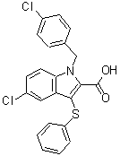 structure of CAS# 118414-59-8, 5-Chloro-1-(4-Chlorobenzyl)-3-(Phenylsulfanyl)-1H-Indole-2-Carboxylic Acid;[118414-59-8];5-Chloro-<wbr>1-[(4-chl<wbr>orophenyl<wbr>)methyl]-<wbr>3-(phenyl<wbr>thio)-1H-<wbr>indole-2-<wbr>carboxyli<wbr>c acid;nTZDpa