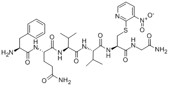 structure of CAS# 128102-74-9, Phenylalanyl-glutaminyl-valyl-valyl-S-(3-nitro-2-pyridinesulfenyl)cysteinyl-glycinamide;(2S)-N-[(1S)-1-[[(1S)-1-[[2-[[(2R)-2-Amino-3-[(3-Nitro-2-Pyridyl)Disulfanyl]Propanoyl]Amino]Acetyl]Carbamoyl]-2-Methyl-Propyl]Carbamoyl]-2-Methyl-Propyl]-2-[[(2S)-2-Amino-3-Phenyl-Propanoyl]Amino]Pentanediamide;(2S)-N-[(1S)-1-[[[(1S)-1-[[[2-[[(2R)-2-Amino-3-[(3-Nitro-2-Pyridyl)Disulfanyl]-1-Oxopropyl]Amino]-1-Oxoethyl]Amino]-Oxomethyl]-2-Methylpropyl]Amino]-Oxomethyl]-2-Methylpropyl]-2-[[(2S)-2-Amino-1-Oxo-3-Phenylpropyl]Amino]Pentanediamide;(2S)-N-[(1S)-1-[[(1S)-1-[[2-[[(2R)-2-Amino-3-[(3-Nitro-2-Pyridyl)Disulfanyl]Propanoyl]Amino]Acetyl]Carbamoyl]-2-Methyl-Propyl]Carbamoyl]-2-Methyl-Propyl]-2-[[(2S)-2-Amino-3-Phenyl-Propanoyl]Amino]Glutaramide