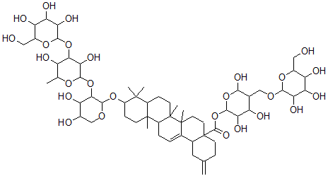 CAS#: 128532-98-9， 3-O-beta-Glucopyranosyl(1-3)-alpha-rhamnopyranosyl-(1-2)-alpha-arabinopyranosyl-30-noroleana-12,20(29)-dien-28-oic acid 28-O-alpha-rhamnopyranosyl-(1-4)-beta-glucopyranosyl-(1-6)-beta-glucopyranoside