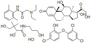 CAS#: 130377-60-5， (11beta)-11,17,21-trihydroxy-Pregna-1,4-diene-3,20-dione mixt. with 5-chloro-2-(2,4-dichlorophenoxy)phenol, 2-(diethylamino)-N-(2,6-dimethylphenyl)acetamide monohydrochloride and (R)-2,4-dihydroxy-N-(3-hydroxypropyl)-3,3-dimethylbutanamide