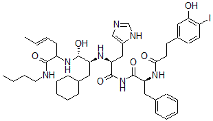 CAS#: 130507-23-2， (E)-N-Butyl-2-[[(1R,2S)-3-Cyclohexyl-1-Hydroxy-2-[[(2S)-1-[[(2S)-2-[3-(3-Hydroxy-4-Iodophenyl)Propanoylamino]-3-Phenylpropanoyl]Amino]-3-(3H-Imidazol-4-Yl)-1-Oxopropan-2-Yl]Amino]Propyl]Amino]Hex-4-Enamide