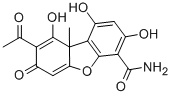 structure of CAS# 131436-22-1, (9aS)-8-Acetyl-1,3,7-Trihydroxy-9a-Methyl-9-Oxodibenzofuran-4-Carboxamide;(9As)-8-Acetyl-1,3,7-Trihydroxy-9A-Methyl-9-Oxo-Dibenzofuran-4-Carboxamide;(9As)-8-Acetyl-1,3,7-Trihydroxy-9A-Methyl-9-Oxo-4-Dibenzofurancarboxamide;(9As)-8-Acetyl-1,3,7-Trihydroxy-9-Keto-9A-Methyl-Dibenzofuran-4-Carboxamide