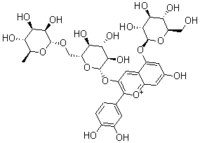 CAS#: 135558-26-8， 3-[[6-O-(6-Deoxy-alpha-L-Mannopyranosyl)-beta-D-Glucopyranosyl]Oxy]-2-(3,4-Dihydroxyphenyl)-5-(beta-D-Glucopyranosyloxy)-7-Hydroxy-1-Benzopyrylium