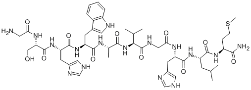 structure of CAS# 136058-54-3, Glycyl-L-Seryl-L-Histidyl-L-Tryptophyl-L-Alanyl-L-Valylglycyl-L-Histidyl-L-Leucyl-L-Methioninamide;H-GLY-SER-HIS-TRP-ALA-VAL-GLY-HIS-LEU-MET-NH2;GLY-SER-HIS-TRP-ALA-VAL-GLY-HIS-LEU-MET-NH2;Neuromedin C [Ser2]