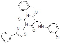 CAS#: 139356-76-6， 5-[[(3-Chlorophenyl)Amino]Methyl]-1-(2-Methylphenyl)-3-(4-Phenyl-1,3-Thiazol-2-Yl)-2-Sulfanylidene-1,3-Diazinane-4,6-Dione
