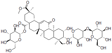 CAS#: 140364-79-0， 3-(beta-D-Glucopyranosyl(1-4)-beta-D-xylopyranosyl)-28-O-beta-D-glucopyranosyl-11-oxo-30-methyloleanate-12-en-2beta,3beta,23-trihydroxy-28-oic acid