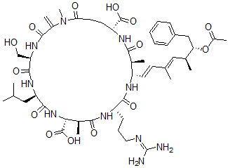 CAS#: 141634-76-6， 2-D-serine-5-L-arginine-6-((2S,4E,6E,8S,9S)-9-(acetyloxy)-4,5,6,7-tetradehydro-2,6,8-trimethyl-10-phenyl-L-3-aminodecanoic acid)-Cyanoginosin LA