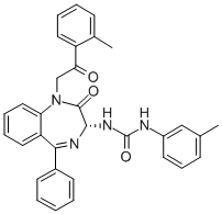 structure of CAS# 145084-28-2, 3-(3-Methylphenyl)-1-[(3R)-1-[2-(2-Methylphenyl)-2-Oxoethyl]-2-Oxo-5-Phenyl-3H-1,4-Benzodiazepin-3-Yl]Urea;3-(3-Methylphenyl)-1-[(3R)-1-[2-(2-Methylphenyl)-2-Oxo-Ethyl]-2-Oxo-5-Phenyl-3H-1,4-Benzodiazepin-3-Yl]Urea;1-[(3R)-2-Keto-1-[2-Keto-2-(2-Methylphenyl)Ethyl]-5-Phenyl-3H-1,4-Benzodiazepin-3-Yl]-3-(3-Methylphenyl)Urea;Ncgc00092280-01
