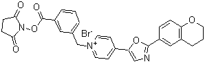 structure of CAS# 155863-03-9, 4-[2-(3,4-Dihydro-2H-Chromen-6-Yl)-1,3-Oxazol-5-Yl]-1-(3-{[(2,5-Dioxo-1-Pyrrolidinyl)Oxy]Carbonyl}Benzyl)Pyridinium Bromide;1-[3-(Suc<wbr>cinimidyl<wbr>oxycarbon<wbr>yl)benzyl<wbr>]-4-[2-(3<wbr>,4-dihydr<wbr>o-2H-1-be<wbr>nzopyran-<wbr>6-yl)-5-o<wbr>xazolyl]p<wbr>yridinium<wbr> bromide;N-(3-Succ<wbr>inimidylo<wbr>xy-carbon<wbr>yl-phenyl<wbr>)-methyl-<wbr>4-(2-(6-(<wbr>3,4-dihyd<wbr>ro-2H-1-b<wbr>enzopyran<wbr>yl))-5-ox<wbr>azolyl)-p<wbr>yridinium<wbr> bromide;53651_FLUKA