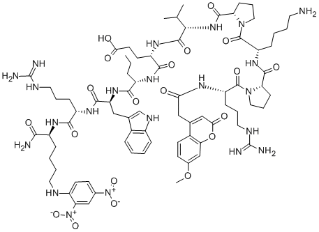 structure of CAS# 158584-09-9, NFF-3;L-Lysinamide, N2-((7-Methoxy-2-Oxo-2H-1-Benzopyran-4-Yl)Acetyl)-L-Arginyl-L-Prolyl-L-Lysyl-L-Prolyl-L-Valyl-L-Alpha-Glutamyl-L-Norvalyl-L-Tryptophyl-L-Arginyl-N6-(2,4-Dinitrophenyl)-;Mca-Arg-Pro-Lys-Pro-Val-Glu-Nva-Trp-Arg-Lys(Dnp)-Nh2;N2-((7-Methoxy-2-Oxo-2H-1-Benzopyran-4-Yl)Acetyl)-L-Arginyl-L-Prolyl-L-Lysyl-L-Prolyl-L-Valyl-L-Alpha-Glutamyl-L-Norvalyl-L-Tryptophyl-L-Arginyl-N6-(2,4-Dinitrophenyl)-L-Lysinamide