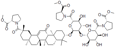 CAS#: 171259-64-6， 1-((3-beta,20-beta)-3-(((S)-6-deoxy-2-O-((S)-6-deoxy-6-(2-(methoxycarbonyl)-1-pyrrolidinyl)-6-oxo-beta-D-glucopyranosyl)-6-(2-(methoxycarbonyl)-1-pyrrolidinyl)-6-oxo-alpha-D-glucopyranosyl)oxy)-11,29-dioxoolean-12-en-29-yl)-L-Proline methyl ester