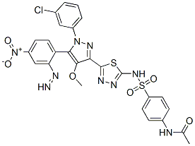 CAS 登录号：172701-63-2， N-[4-[[5-[1-(3-氯苯基)-4-甲氧基-5-(4-硝基苯基)偶氮吡唑-3-基]-1,3,4-噻二唑-2-基]氨基磺酰基]苯基]乙酰胺