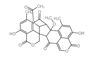 structure of CAS# 1732-37-2, Duclauxin;7H-8,15B-Methano-1H,3H,12H-Benzo(De)Cyclohepta(1,2-G:3,4,5-D'e')Bis(2)Benzopyran-3,7,12,15(8H)-Tetrone, 16-(Acetyloxy)-8A,15A-Dihydro-4,11-Dihydroxy-8A-Methoxy-6,9-Dimethyl-, (8R-(8Alpha,8Abeta,15Abeta,15Balpha,16S*))-;Duclauxin