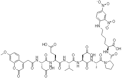 结构式 CAS# 189696-20-6, (2S)-6-(2,4-二硝基苯胺基)-2-[[(2S)-1-[(2S)-2-[[(2S)-4-羟基-2-[[(2S)-2-[[(2S)-5-羟基-2-[[(2S)-4-羟基-2-[[2-(7-甲氧基-2-氧代-苯并吡喃-4-基)乙酰基]氨基]-4-氧代-丁酰基]氨基]-5-氧代-戊酰]氨基]-3-甲基-丁酰基]氨基]-4-氧代-丁酰基]氨基]丙酰]吡咯烷-2-羰基]氨基]己酸