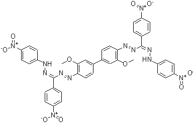 structure of CAS# 19333-63-2, (E,E)-1,1'-(3,3'-Dimethoxy-4,4'-Biphenyldiyl)Bis({(Z)-(4-Nitrophenyl)[(4-Nitrophenyl)Hydrazono]Methyl}Diazene);TNBT Diformazan
