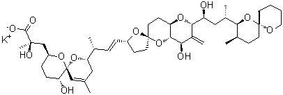 结构式 CAS# 209266-79-5, (2R)-3-[(4S,6R,7R,10S)-4-[(E,1R)-3-[(2S,2'R,4R,4aS,6R,8aR)-4-羟基-2-[(1S,3S)-1-羟基-3-[(6S,9R,10S)-9-甲基-5,11-二氧杂螺[5.5]十一烷-10-基]丁基]-3-亚甲基-螺[4A,7,8,8A-四氢-4H-吡喃并[3,2-b]吡喃-6,5'-四氢呋喃]-2'-基]-1-甲基-烯丙基]-7-羟基-2-甲基-5,11-二氧杂螺[5.5]十一碳-1-烯-10-基]-2-羟基-2-甲基-丙酸钾
