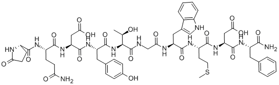 structure of CAS# 20994-83-6, 4-Desulfo-Caerulein;5-Oxo-L-Pro-L-Gln-L-Asp-L-Tyr-L-Thr-Gly-L-Trp-L-Met-L-Asp-L-Phe-NH2;Pglu-Gln-Αasp-Tyr-Thr-Gly-Trp-Met-Αasp-Phe-NH2;PYR-GLN-ASP-TYR-THR-GLY-TRP-MET-ASP-PHE-NH2