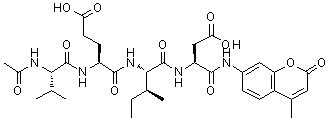 structure of CAS# 219137-97-0, (4S)-4-[[(2S)-2-Acetamido-3-Methyl-Butanoyl]Amino]-5-[[(1S,2S)-1-[[(1S)-3-Hydroxy-1-[(4-Methyl-2-Oxo-Chromen-7-Yl)Carbamoyl]-3-Oxo-Propyl]Carbamoyl]-2-Methyl-Butyl]Amino]-5-Oxo-Pentanoic Acid;Caspase-6 Substrate (Fluorogenic);Caspase-6 Substrate (Fluorogenic) Ac-Val-Glu-lle-Asp-AMC