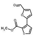 structure of CAS# 255828-29-6, Methyl 3-(5-Formyl-2-Furyl)-2-Thiophenecarboxylate;2-THIOPHE<wbr>NECARBOXY<wbr>LICACID, <wbr>3-(5-FORM<wbr>YL-2-FURA<wbr>NYL)-, ME<wbr>THYL ESTER;Methyl 3-(5-formyl-2-furyl)-2-thiophenecarboxylate;methyl 3-(5-formylfuran-2-yl)thiophene-2-carboxylate