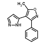structure of CAS# 265125-69-7, 5-Methyl-3-Phenyl-4-(1H-Pyrazol-3-Yl)-1,2-Oxazole;5-methyl-3-phenyl-4-pyrazol-5-ylisoxazole;ISOXAZOLE,5-METHYL-3-PHENYL-4-(1H-PYRAZOL-3-YL)-;Maybridge1_008777