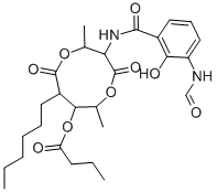 structure of CAS# 27220-57-1, Antimycin A2;[3-[(3-Formamido-2-Hydroxy-Benzoyl)Amino]-8-Hexyl-2,6-Dimethyl-4,9-Dioxo-1,5-Dioxonan-7-Yl] Butanoate;Butanoic Acid [3-[[(3-Formamido-2-Hydroxyphenyl)-Oxomethyl]Amino]-8-Hexyl-2,6-Dimethyl-4,9-Dioxo-1,5-Dioxonan-7-Yl] Ester;Butyric Acid [3-[(3-Formamido-2-Hydroxy-Benzoyl)Amino]-8-Hexyl-4,9-Diketo-2,6-Dimethyl-1,5-Dioxonan-7-Yl] Ester