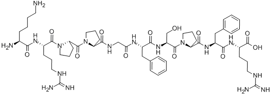structure of CAS# 342-10-9, Kallidin;2-[[2-[[1-[2-[[2-[[2-[[1-[1-[2-(2,6-Diaminohexanoylamino)-5-Guanidino-Pentanoyl]Pyrrolidine-2-Carbonyl]Pyrrolidine-2-Carbonyl]Amino]Acetyl]Amino]-3-Phenyl-Propanoyl]Amino]-3-Hydroxy-Propanoyl]Pyrrolidine-2-Carbonyl]Amino]-3-Phenyl-Propanoyl]Amino]-5-Guanidino-Pentanoic Acid;2-[[2-[[[1-[2-[[2-[[2-[[[1-[[1-[2-[(2,6-Diamino-1-Oxohexyl)Amino]-5-Guanidino-1-Oxopentyl]-2-Pyrrolidinyl]-Oxomethyl]-2-Pyrrolidinyl]-Oxomethyl]Amino]-1-Oxoethyl]Amino]-1-Oxo-3-Phenylpropyl]Amino]-3-Hydroxy-1-Oxopropyl]-2-Pyrrolidinyl]-Oxomethyl]Amino]-1-Oxo-3-Phenylpropyl]Amino]-5-Guanidinopentanoic Acid;2-[[2-[[1-[2-[[2-[[2-[[1-[1-[2-(2,6-Diaminohexanoylamino)-5-Guanidino-Pentanoyl]Pyrrolidine-2-Carbonyl]Pyrrolidine-2-Carbonyl]Amino]Acetyl]Amino]-3-Phenyl-Propanoyl]Amino]-3-Hydroxy-Propanoyl]Pyrrolidine-2-Carbonyl]Amino]-3-Phenyl-Propanoyl]Amino]-5-Guanidino-Valeric Acid