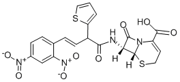 structure of CAS# 41906-86-9, Nitrocefin;(6R,7R)-3-[(E)-2-(2,4-Dinitrophenyl)Vinyl]-8-Oxo-7-[[2-(2-Thienyl)Acetyl]Amino]-5-Thia-1-Azabicyclo[4.2.0]Oct-2-Ene-2-Carboxylic Acid;(6R,7R)-3-[(E)-2-(2,4-Dinitrophenyl)Vinyl]-8-Oxo-7-[[1-Oxo-2-(2-Thienyl)Ethyl]Amino]-5-Thia-1-Azabicyclo[4.2.0]Oct-2-Ene-2-Carboxylic Acid;(6R,7R)-3-[(E)-2-(2,4-Dinitrophenyl)Vinyl]-8-Keto-7-[[2-(2-Thienyl)Acetyl]Amino]-5-Thia-1-Azabicyclo[4.2.0]Oct-2-Ene-2-Carboxylic Acid