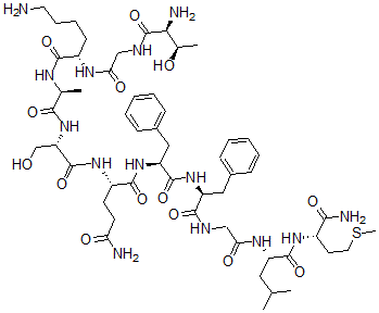 structure of CAS# 491851-53-7, L-Threonylglycyl-L-Lysyl-L-Alanyl-L-Seryl-L-Glutaminyl-L-Phenylalanyl-L-Phenylalanylglycyl-L-Leucyl-L-Methioninamide;H-THR-GLY-LYS-ALA-SER-GLN-PHE-PHE-GLY-LEU-MET-NH2;THR-GLY-LYS-ALA-SER-GLN-PHE-PHE-GLY-LEU-MET-NH2;Hemokinin 1 (Human) HK-1 (Human), HEK-1 (Human)