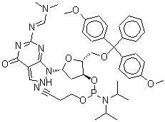 CAS#: 500891-26-9， 1-{5-O-[Bis(4-Methoxyphenyl)(Phenyl)Methyl]-3-O-[(2-Cyanoethoxy)(Diisopropylamino)Phosphino]-2-Deoxy-beta-D-Erythro-Pentofuranosyl}-6-{(E)-[(Dimethylamino)Methylene]Amino}-1,2-Dihydro-4H-Pyrazolo[3,4- D]Pyrimidin-4-One