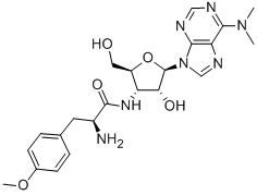 structure of CAS# 53-79-2, Puromycin;(2S)-2-Amino-N-[(2S,4R,5R)-5-(6-Dimethylaminopurin-9-Yl)-4-Hydroxy-2-(Hydroxymethyl)Tetrahydrofuran-3-Yl]-3-(4-Methoxyphenyl)Propanamide;(2S)-2-Amino-N-[(2S,4R,5R)-5-(6-Dimethylamino-9-Purinyl)-4-Hydroxy-2-(Hydroxymethyl)-3-Tetrahydrofuranyl]-3-(4-Methoxyphenyl)Propanamide;(2S)-2-Amino-N-[(2S,4R,5R)-5-(6-Dimethylaminopurin-9-Yl)-4-Hydroxy-2-Methylol-Tetrahydrofuran-3-Yl]-3-(4-Methoxyphenyl)Propionamide