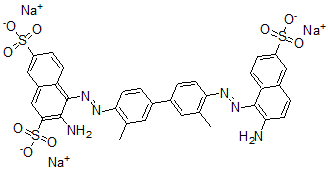 CAS 登录号:574-65-2, 3-氨基-4-((4'-((2-氨基-6-磺基-1-萘基)偶氮)-3,3'-二甲基(1,1'-联苯)-4-基)偶氮)-2,7-萘二磺酸三钠盐