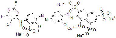 CAS#: 68239-54-3， [7-[[4-[[5-[(5-Chloro-2,6-Difluoro-4-Pyrimidinyl)Amino]-2-Methoxy-3-Sulfophenyl] Azo]-2-Hydroxyphenyl]Azo]-8-Hydroxy-1,3,6-Naphthalenetrisulfonato]-Cuprate Tetrasodium