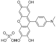 structure of CAS# 71501-19-4, 9-(4'-Dimethylaminophenyl)-2,6,7-Trihydroxyfluorone Sulfate;Dimethyl-[4-(2,6,7-Trihydroxy-3-Oxo-Xanthen-1-Yl)Phenyl]Ammonium;Hydrogen Sulfate;Dimethyl-[4-(2,6,7-Trihydroxy-3-Oxo-1-Xanthenyl)Phenyl]Ammonium;Hydrogen Sulfate;Dimethyl-[4-(2,6,7-Trihydroxy-3-Keto-Xanthen-1-Yl)Phenyl]Ammonium Bisulfate