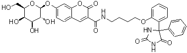 CAS 登录号：73304-29-7， N-[4-[2-(2,5-二氧代-4-苯基-4-咪唑烷基)苯氧基]丁基]-7-(beta-D-吡喃半乳糖基氧基)-2-氧代-2H-1-苯并吡喃-3-甲酰胺