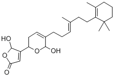 structure of CAS# 75088-80-1, (5R)-5-hydroxy-4-[(2R,6R)-6-hydroxy-5-[(E)-4-methyl-6-(2,6,6-trimethyl-1-cyclohexenyl)hex-3-enyl]-3,6-dihydro-2H-pyran-2-yl]-5H-furan-2-one;2(5H)-Furanone, 4-((2R,6R)-3,6-Dihydro-6-Hydroxy-5-((3E)-4-Methyl-6-(2,6,6-Trimethyl-1-Cyclohexen-1-Yl)-3-Hexenyl)-2H-Pyran-2-Yl)-5-Hydroxy-, (5R)-;2(5H)-Furanone, 4-(3,6-Dihydro-6-Hydroxy-5-(4-Methyl-6-(2,6,6-Trimethyl-1-Cyclohexen-1-Yl)-3-Hexenyl)-2H-Pyran-2-Yl)-5-Hydroxy-;Manoalide