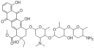 CAS#: 76439-76-4， Methyl 4-[5-[5-(5-Amino-6-Methyloxan-2-Yl)Oxy-4-Hydroxy-6-Methyloxan-2-Yl]Oxy-4-Dimethylamino-6-Methyloxan-2-Yl]Oxy-2-Ethyl-2,5,7-Trihydroxy-6,11-Dioxo-3,4-Dihydro-1H-Tetracene-1-Carboxylate