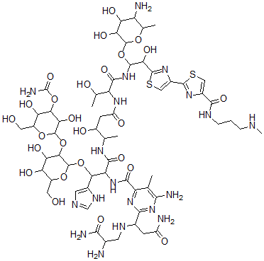 CAS#: 77368-77-5， [2-[2-[2-[[6-Amino-2-[3-Amino-1-[(2,3-Diamino-3-Oxopropyl)Amino]-3-Oxopropyl]-5-Methylpyrimidine-4-Carbonyl]Amino]-3-[[5-[[1-[[1-(5-Amino-3,4-Dihydroxy-6-Methyloxan-2-Yl)Oxy-2-Hydroxy-2-[4-[4-(3-Methylaminopropylcarbamoyl)-1,3-Thiazol-2-Yl]-1,3-Thiazol-2-Yl]Ethyl]Amino]-3-Hydroxy-1-Oxobutan-2-Yl]Amino]-3-Hydroxy-5-Oxopentan-2-Yl]Amino]-1-(3H-Imidazol-4-Yl)-3-Oxopropoxy]-4,5-Dihydroxy-6-(Hydroxymethyl)Oxan-3-Yl]Oxy-3,5-Dihydroxy-6-(Hydroxymethyl)Oxan-4-Yl] Carbamate