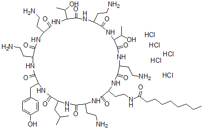 CAS#: 77554-83-7， N-[2-[5,14,17,23,29-Pentakis(2-Aminoethyl)-20,26-Bis(1-Hydroxyethyl)-11-[(4-Hydroxyphenyl)Methyl]-8-(2-Methylpropyl)-3,6,9,12,15,18,21,24,27,30-Decaoxo-1,4,7,10,13,16,19,22,25,28-Decazacyclotriacont-2-Yl]Ethyl]Nonanamide Pentahydrochloride
