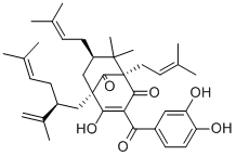 structure of CAS# 78824-30-3, 3-(3,4-Dihydroxybenzoyl)-4-Hydroxy-8,8-Dimethyl-1,7-Bis(3-Methyl-2-Buten-1-Yl)-5-[(2S)-5-Methyl-2-(1-Methylethenyl)-4-Hexen-1-Yl]-(1R,5R,7R)-Bicyclo[3.3.1]Non-3-Ene-2,9-Dione;(1R,3Z,5S,7R)-3-[(3,4-Dihydroxyphenyl)-Hydroxy-Methylene]-5-[(2S)-2-Isopropenyl-5-Methyl-Hex-4-Enyl]-8,8-Dimethyl-1,7-Bis(3-Methylbut-2-Enyl)Bicyclo[3.3.1]Nonane-2,4,9-Trione;(1R,3Z,5S,7R)-3-[(3,4-Dihydroxyphenyl)-Hydroxymethylene]-5-[(2S)-2-Isopropenyl-5-Methylhex-4-Enyl]-8,8-Dimethyl-1,7-Bis(3-Methylbut-2-Enyl)Bicyclo[3.3.1]Nonane-2,4,9-Trione;(1R,3Z,5S,7R)-3-[(3,4-Dihydroxyphenyl)-Hydroxy-Methylidene]-8,8-Dimethyl-1,7-Bis(3-Methylbut-2-Enyl)-5-[(2S)-5-Methyl-2-Prop-1-En-2-Yl-Hex-4-Enyl]Bicyclo[3.3.1]Nonane-2,4,9-Trione