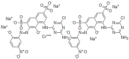 CAS#: 79828-43-6， Pentasodium bis(5-((4-amino-6-chloro-1,3,5-triazin-2-yl)amino)-4-hydroxy-3-((2-hydroxy-5-nitrophenyl)azo)naphthalene-2,7-disulphonato)chromate
