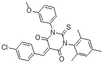 CAS#: 79838-91-8， (5E)-5-[(4-Chlorophenyl)Methylidene]-1-(3-Methoxyphenyl)-2-Sulfanylidene-3-(2,4,6-Trimethylphenyl)-1,3-Diazinane-4,6-Dione