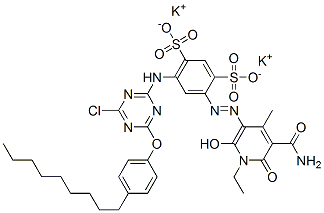 CAS#: 84434-49-1， Dipotassium 4-[[5-(Aminocarbonyl)-1-Ethyl-1,6-Dihydro-2-Hydroxy-4-Methyl-6-Oxo-3-Pyridyl]Azo]-6-[[4-Chloro-6-(4-Nonylphenoxy)-1,3,5-Triazin-2-Yl]Amino]Benzene-1,3-Disulphonate