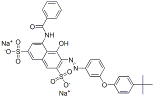 CAS 登录号：84559-89-7， 5-(苯甲酰基氨基)-3-[[3-[4-(叔-丁基)苯氧基]苯基]偶氮]-4-羟基萘-2,7-二磺酸二钠