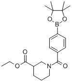 structure of CAS# 850411-14-2, 4-(3-Ethoxycarbonylpiperidine)Carboxamidophenylboronic Acid Pinacol Ester;1-[4-(4,4,5,5-TETRAMETHYL-[1,3,2]DIOXABOROLAN-2-YL)-BENZOYL]-PIPERIDINE-3-CARBOXYLIC ACID ETHYL ESTER;1-[4-(4,4,5,5-Tetramethyl-[1,3,2]Dioxaborolan-2-Yl)-Benzoyl]-Piperidine-3-Carboxylic Acid Ethyl Ester;4-[3-Ethoxycarbonyl-1-Piperidinylcarbonyl]Benzeneboronic Acid Pinacol Ester, 98%