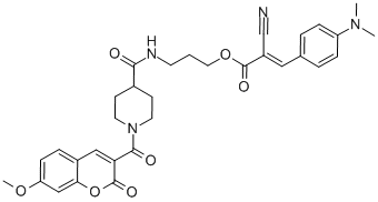 结构式 CAS# 958396-69-5, 2-氰基-3-[4-(二甲基氨基)苯基]-2-丙烯酸 3-[[[1-[(7-甲氧基-2-氧代-2H-1-苯并吡喃-3-基)羰基]-4-哌啶基]羰基]氨基]丙基酯