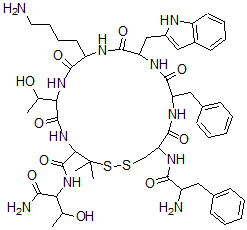CAS 登录号:96384-04-2, 苯丙氨酰-半胱氨酰-苯丙氨酰-色氨酰-赖氨酰-苏氨酰-青霉胺-苏氨酰胺